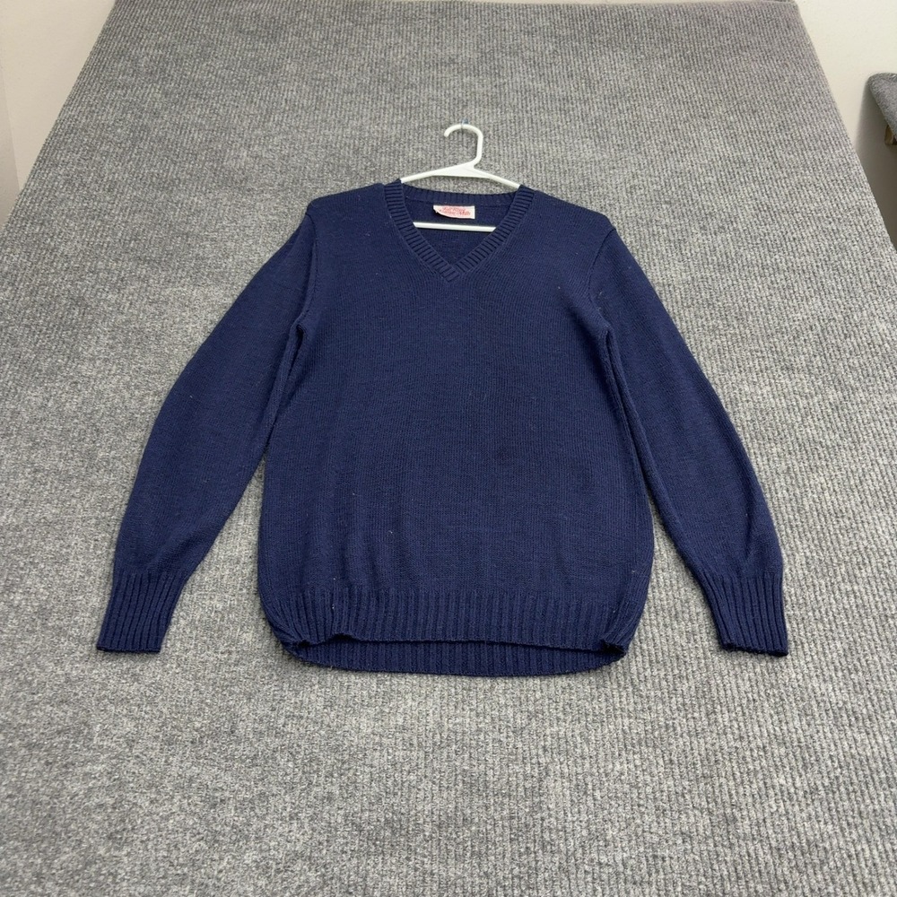 Vintage Fall River Knitting Mills Sweater Mens S Navy Blue Knit V Neck Preppy